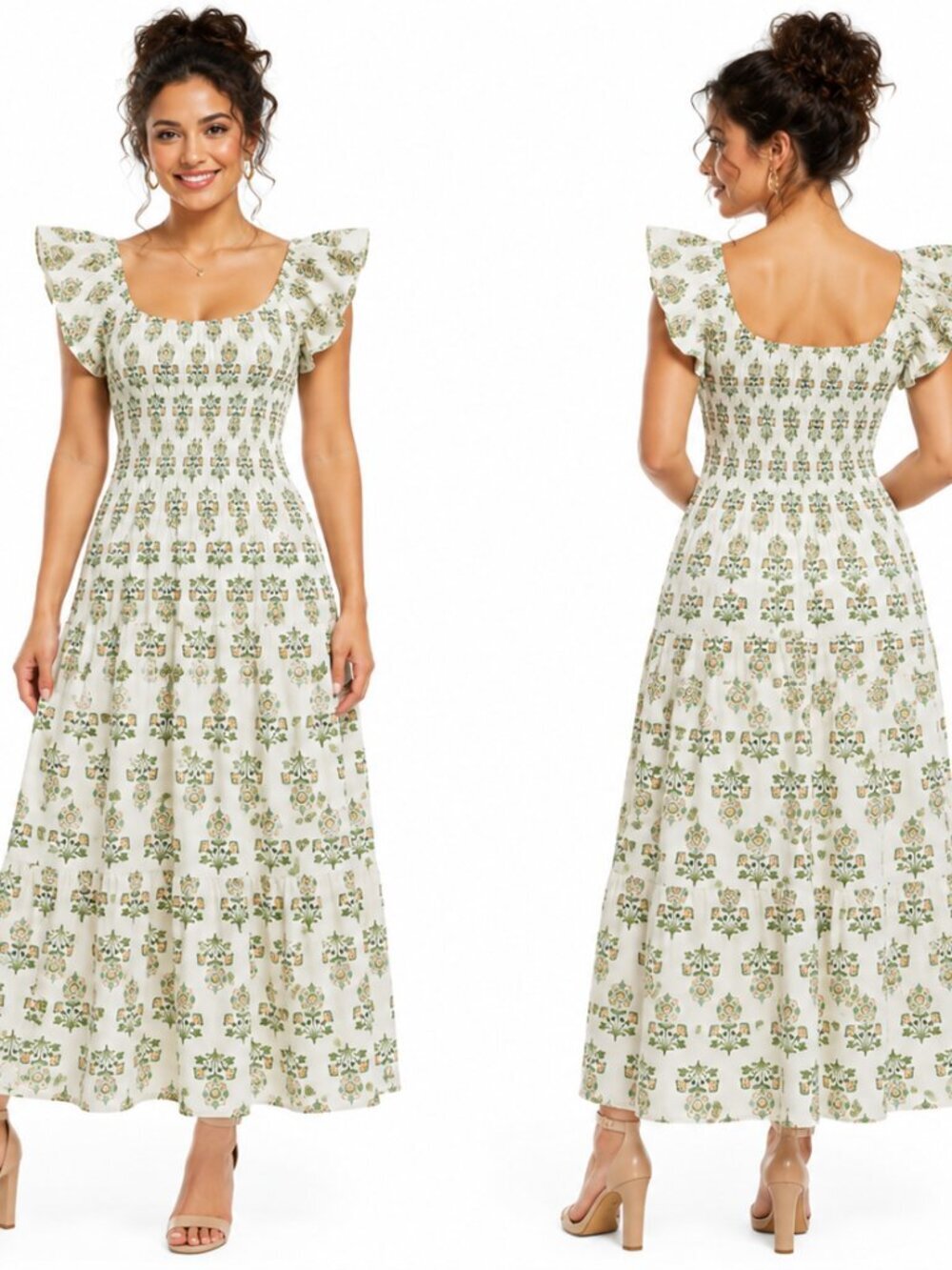 Tracy Evans Floral Cotton Smocked Maxi Dress Green White Ruffle Sleeve Medium